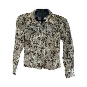 Tribal Flowing Vine w Flowers Jeans Style Jacket Gray Brown Sz 6